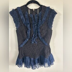Rebecca Taylor Midnight Blue Lace Blouse Vien Silk Plisse Victorian size 6